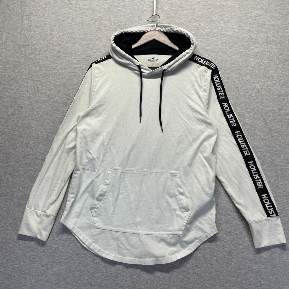 Hollister Hoodie Mens Medium White Tape Logo Cotton Curved Hem Pullover Winter